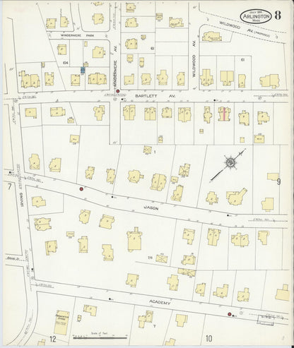 Sanborn Fire Insurance Map from Arlington, Middlesex County, Massachusetts (1914), Sheet #0008 - Historic Sanborn Fire Insurance Map Print, vintage old map wall art, antique decor, genealogy gift, Massachusetts Massachusetts map