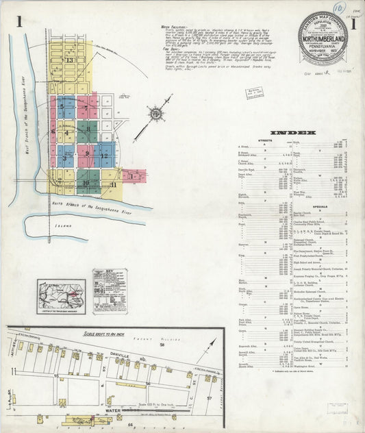 Sanborn Fire Insurance Map from Northumberland, Northumberland County, Pennsylvania (1923), Sheet #0001 - Historic Sanborn Fire Insurance Map Print, vintage old map wall art, antique decor, genealogy gift, Pennsylvania Pennsylvania map