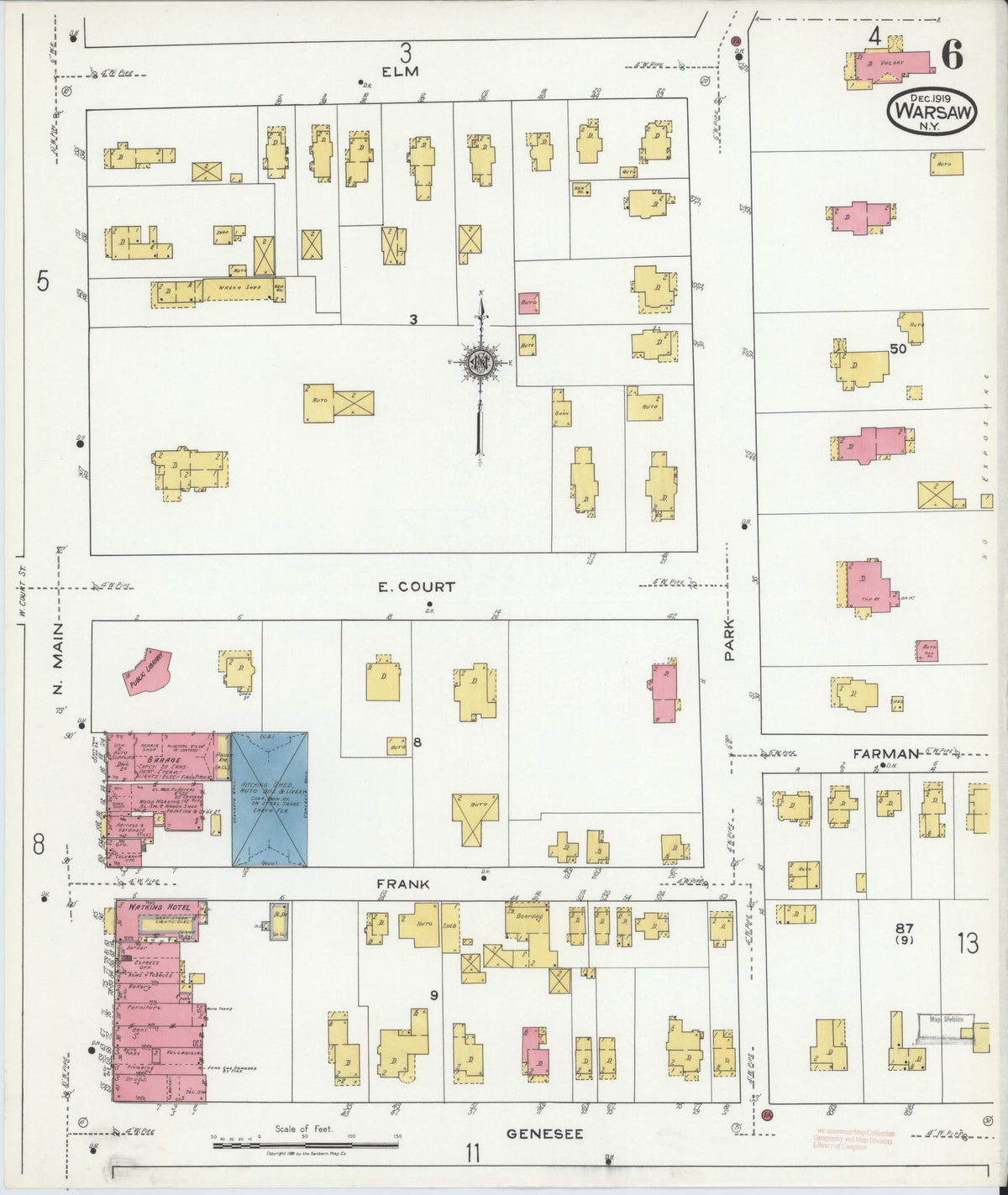 Sanborn Fire Insurance Map from Warsaw, Wyoming County, New York (1919), Sheet #0006 - Historic Sanborn Fire Insurance Map Print, vintage old map wall art, antique decor, genealogy gift, Warsaw Wyoming map