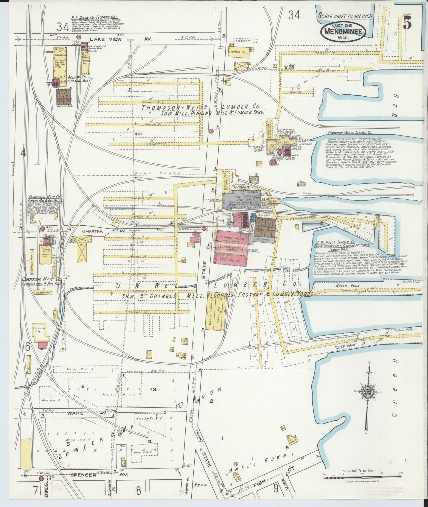 Sanborn Fire Insurance Map from Menominee, Menominee County, Michigan (1921), Sheet #0005 - Historic Sanborn Fire Insurance Map Print, vintage old map wall art, antique decor, genealogy gift, Michigan Michigan map