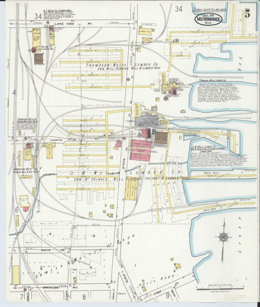 Sanborn Fire Insurance Map from Menominee, Menominee County, Michigan (1921), Sheet #0005 - Historic Sanborn Fire Insurance Map Print, vintage old map wall art, antique decor, genealogy gift, Michigan Michigan map