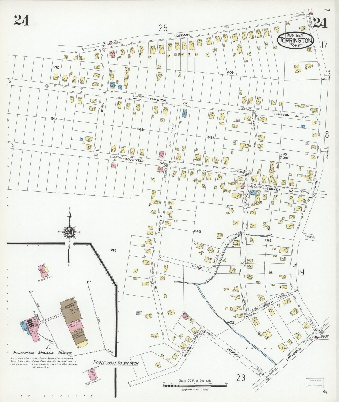 Sanborn Fire Insurance Map from Torrington, Litchfield County, Connecticut (1924), Sheet #0024 - Complete Map Set gallery image, historic Sanborn map, vintage wall art, Connecticut Connecticut