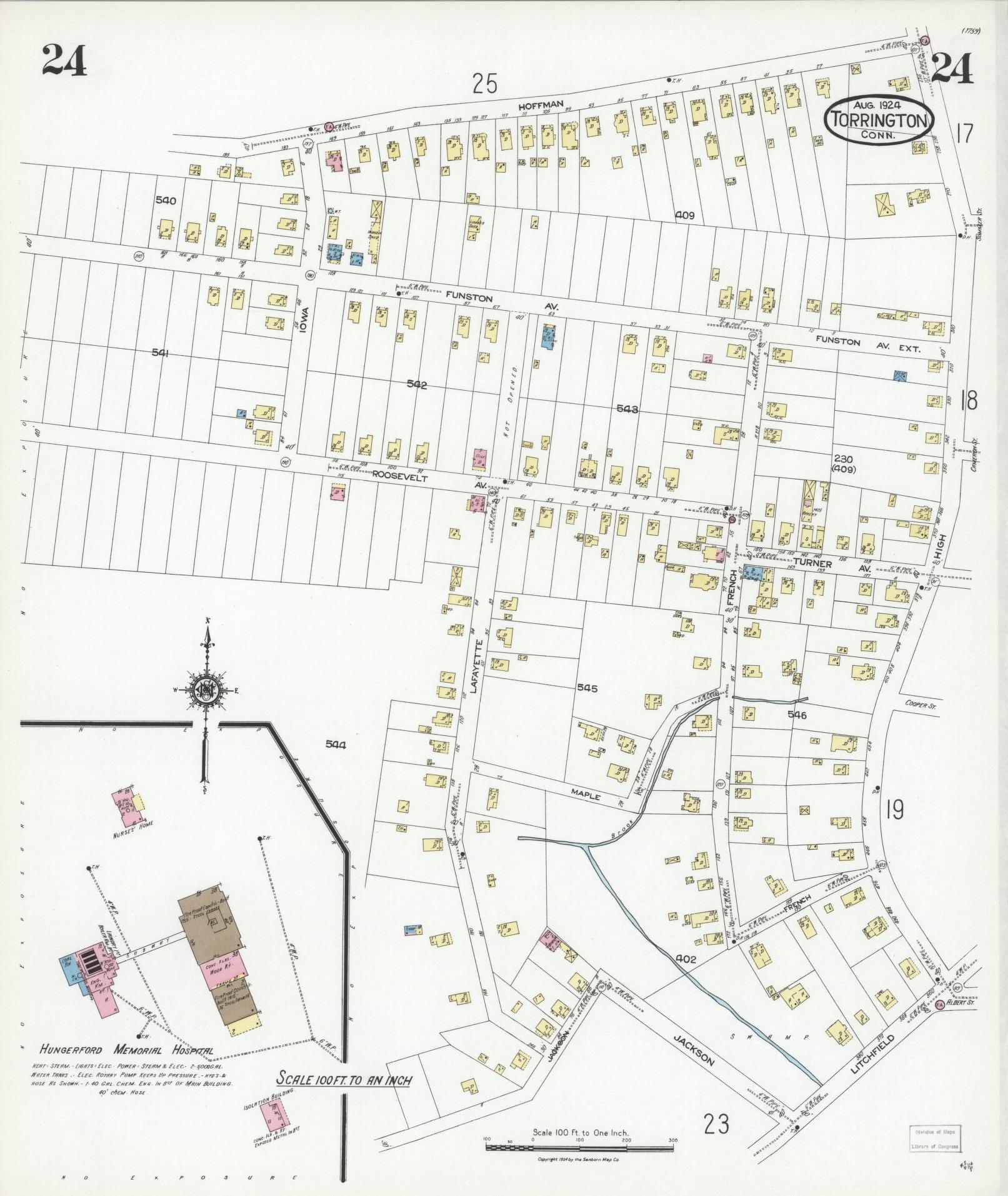 Sanborn Fire Insurance Map from Torrington, Litchfield County, Connecticut (1924), Sheet #0024 - Complete Map Set gallery image, historic Sanborn map, vintage wall art, Connecticut Connecticut