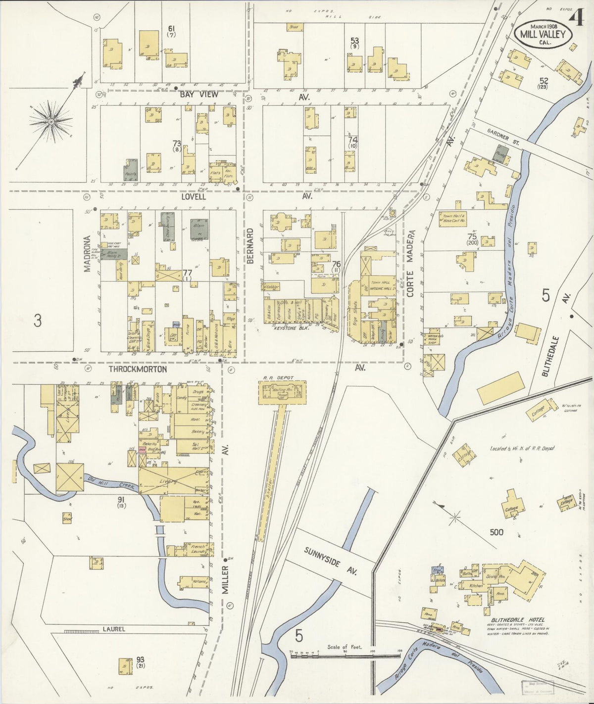Sanborn Fire Insurance Map from Mill Valley, Marin County, California (1908), Sheet #0004 - Complete Map Set gallery image, historic Sanborn map, vintage wall art, California California