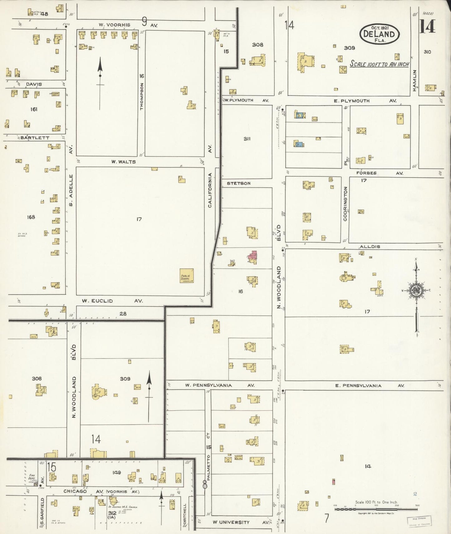 Sanborn Fire Insurance Map from De Land, Volusia County, Florida (1921), Sheet #0014 - Complete Map Set gallery image, historic Sanborn map, vintage wall art, Florida Florida