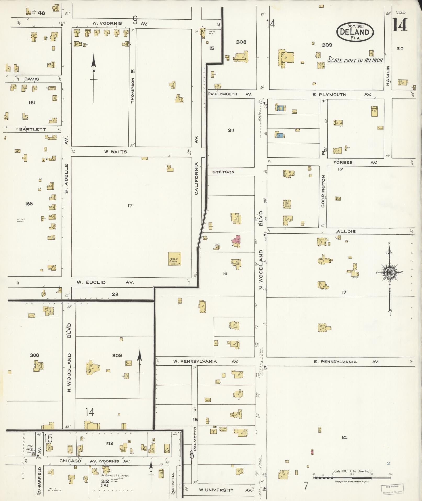Sanborn Fire Insurance Map from De Land, Volusia County, Florida (1921), Sheet #0014 - Complete Map Set gallery image, historic Sanborn map, vintage wall art, Florida Florida