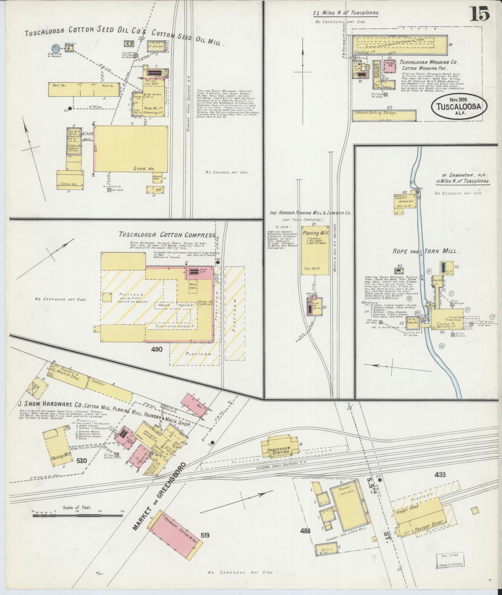 Sanborn Fire Insurance Map from Tuscaloosa, Tuscaloosa County, Alabama (1899), Sheet #0015 - Historic Sanborn Fire Insurance Map Print, vintage old map wall art, antique decor, genealogy gift, Alabama Alabama map