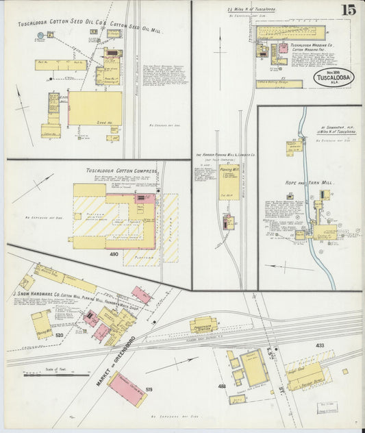Sanborn Fire Insurance Map from Tuscaloosa, Tuscaloosa County, Alabama (1899), Sheet #0015 - Historic Sanborn Fire Insurance Map Print, vintage old map wall art, antique decor, genealogy gift, Alabama Alabama map