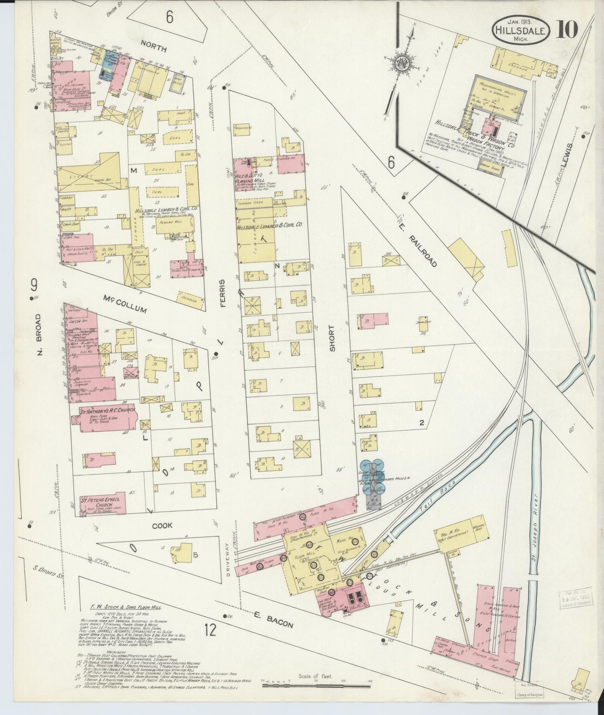 Sanborn Fire Insurance Map from Hillsdale, Hillsdale County, Michigan (1913), Sheet #0010 - Historic Sanborn Fire Insurance Map Print, vintage old map wall art, antique decor, genealogy gift, Michigan Michigan map