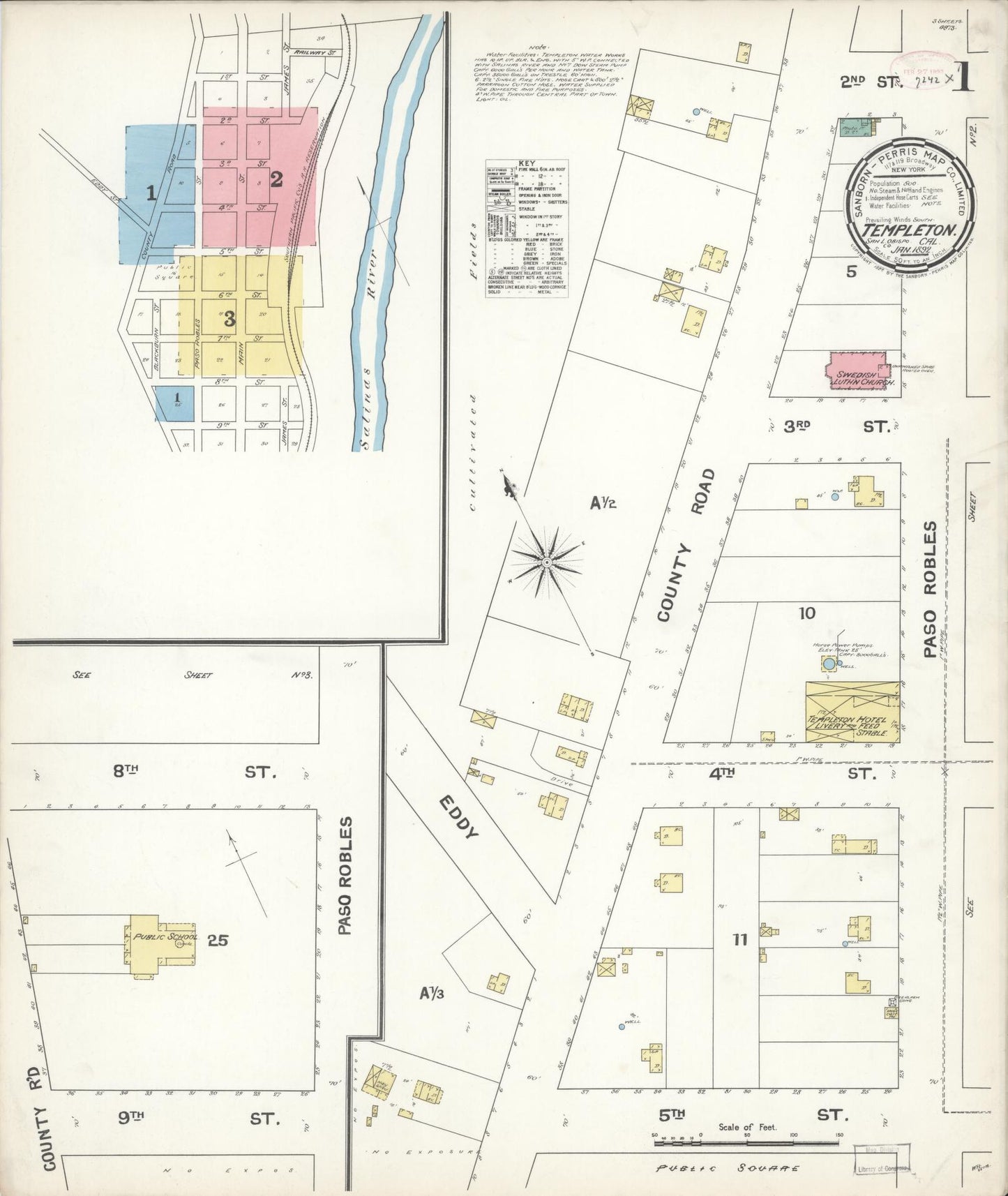 Sanborn Fire Insurance Map from Templeton, San Luis Obispo County, California (1892), Sheet #0001 - Complete Map Set gallery image, historic Sanborn map, vintage wall art, California California