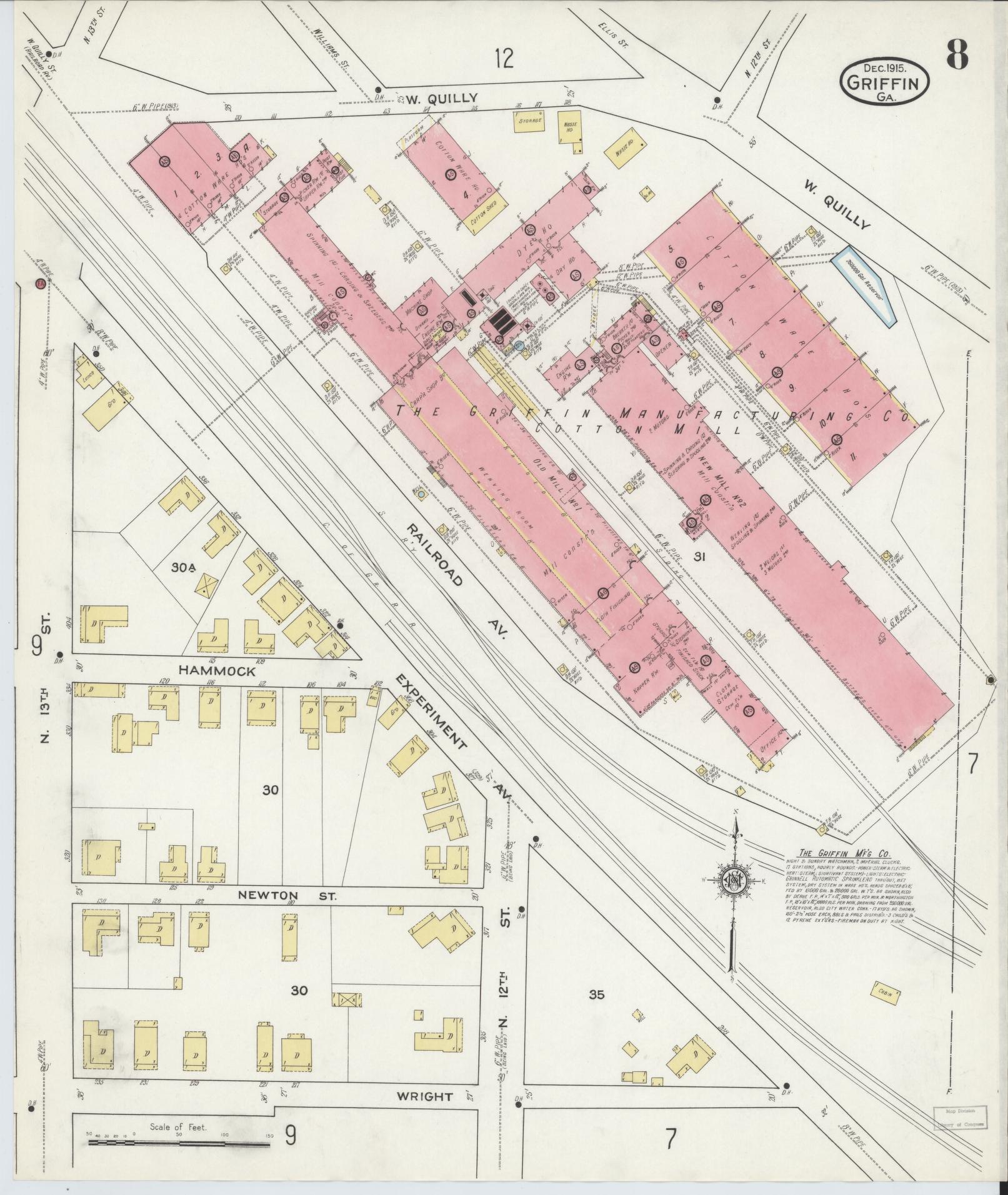 Sanborn Fire Insurance Map from Griffin, Spalding County, Georgia (1915), Sheet #0008 - Historic Sanborn Fire Insurance Map Print, vintage old map wall art, antique decor, genealogy gift, Georgia Georgia map