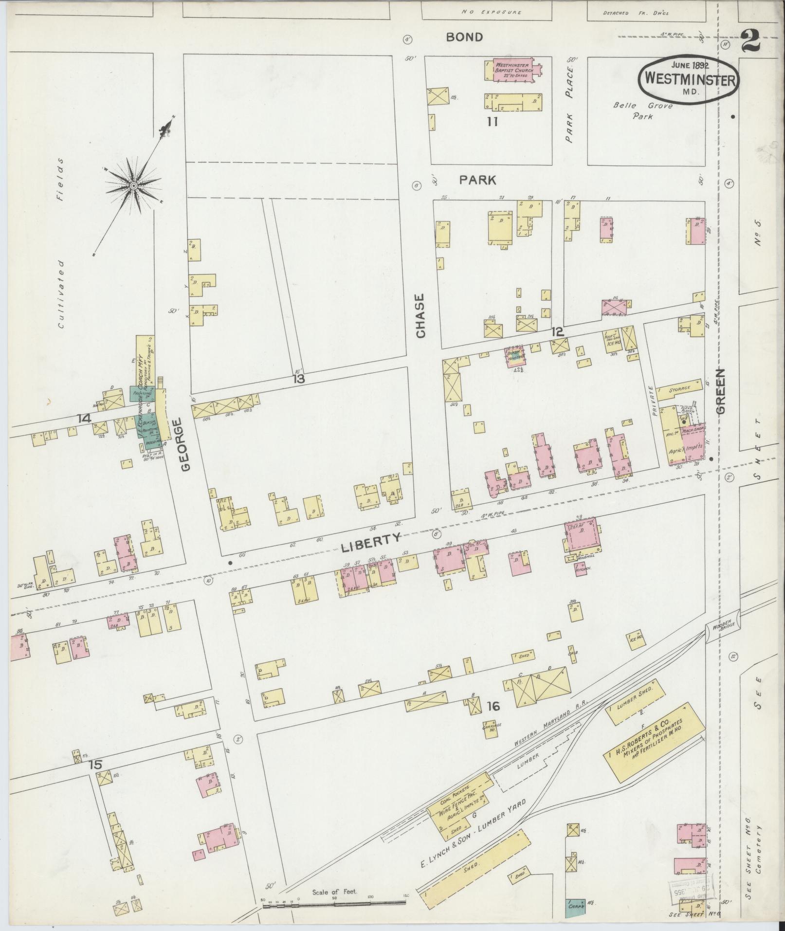 Sanborn Fire Insurance Map from Westminster, Carroll County, Maryland (1892), Sheet #0002 - Historic Sanborn Fire Insurance Map Print, vintage old map wall art