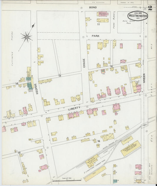 Sanborn Fire Insurance Map from Westminster, Carroll County, Maryland (1892), Sheet #0002 - Historic Sanborn Fire Insurance Map Print, vintage old map wall art