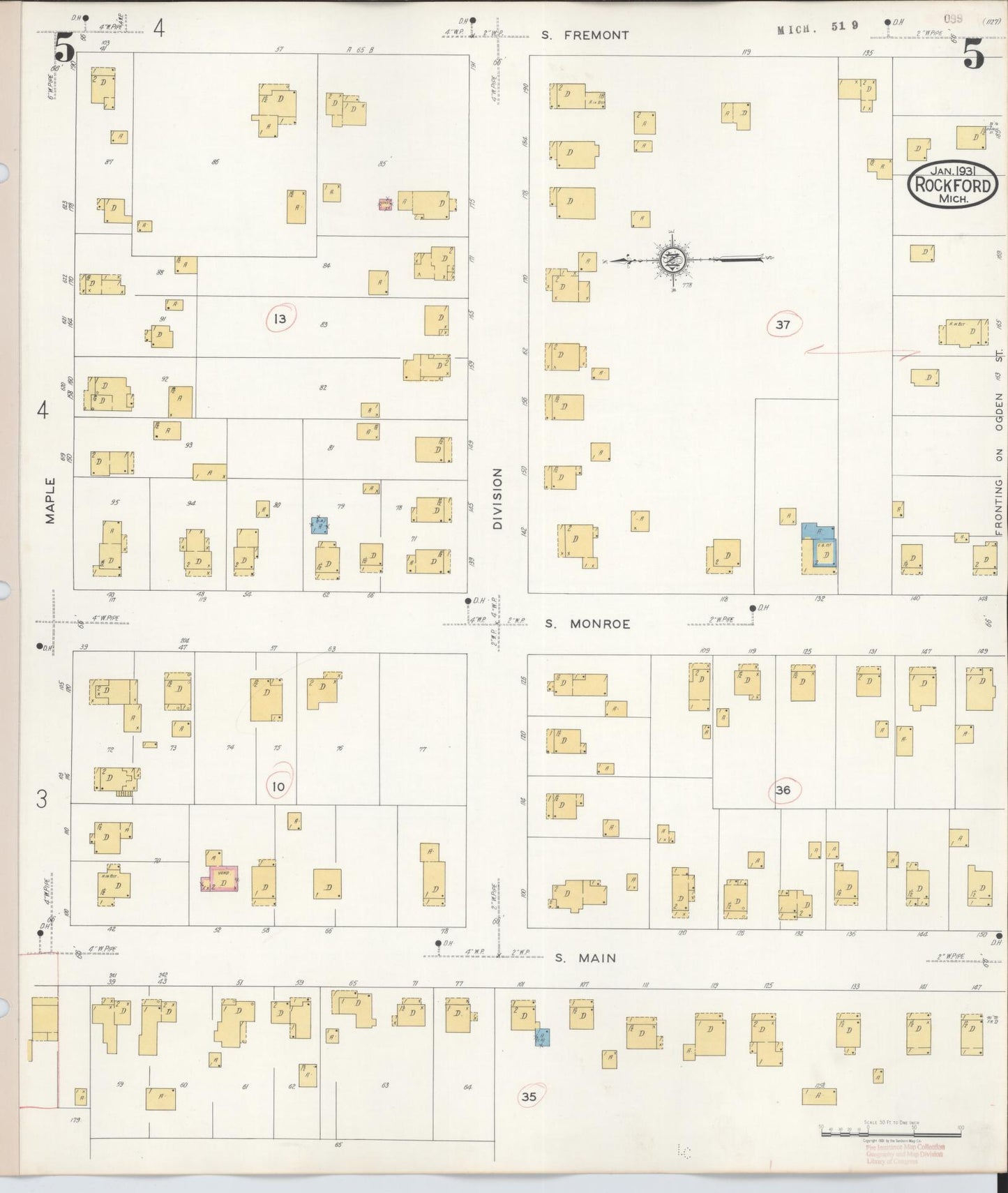 Sanborn Fire Insurance Map from Rockford, Kent County, Michigan (1931), Sheet #0005 - Historic Sanborn Fire Insurance Map Print, vintage old map wall art, antique decor, genealogy gift, Michigan Michigan map