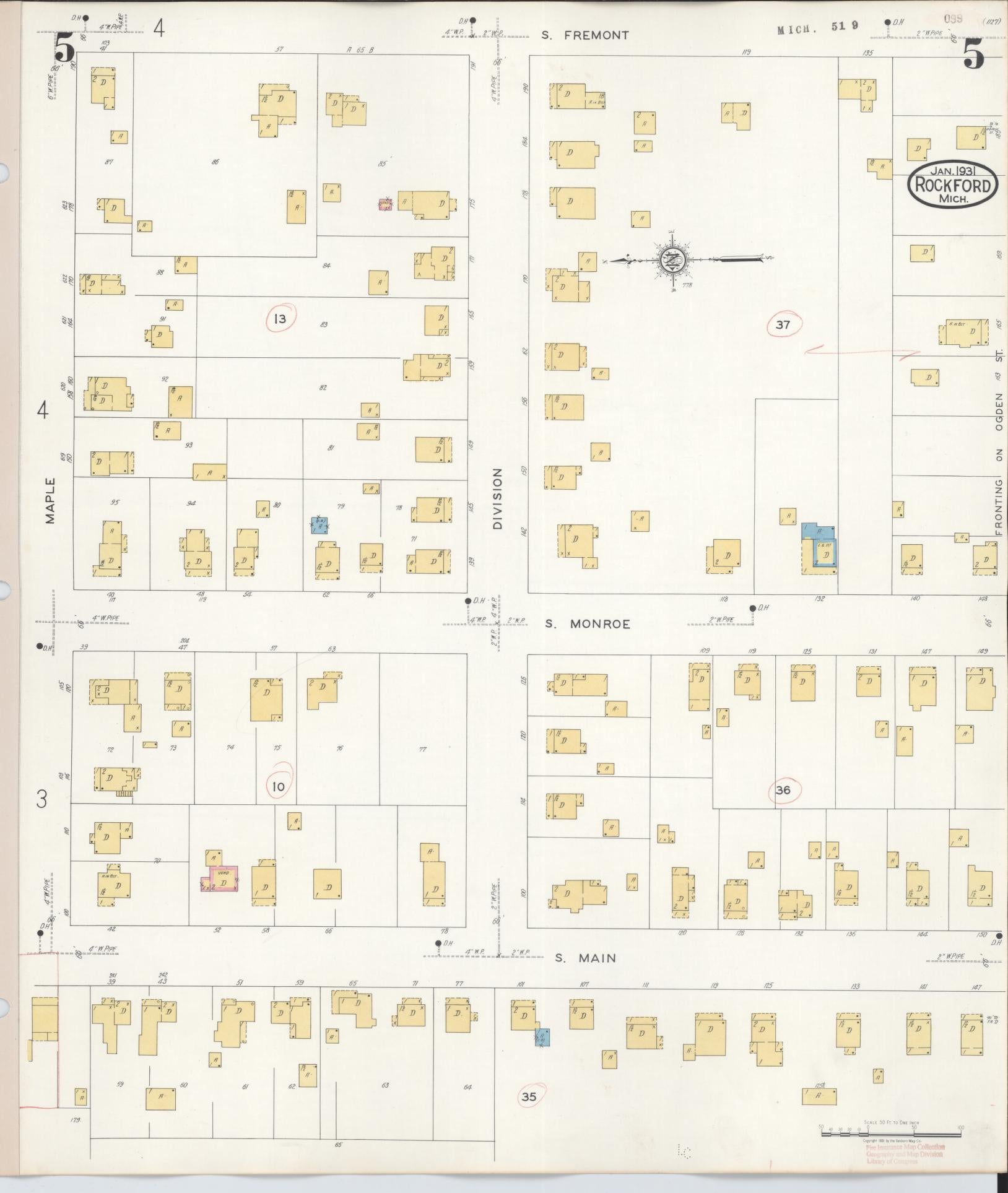 Sanborn Fire Insurance Map from Rockford, Kent County, Michigan (1931), Sheet #0005 - Historic Sanborn Fire Insurance Map Print, vintage old map wall art, antique decor, genealogy gift, Michigan Michigan map