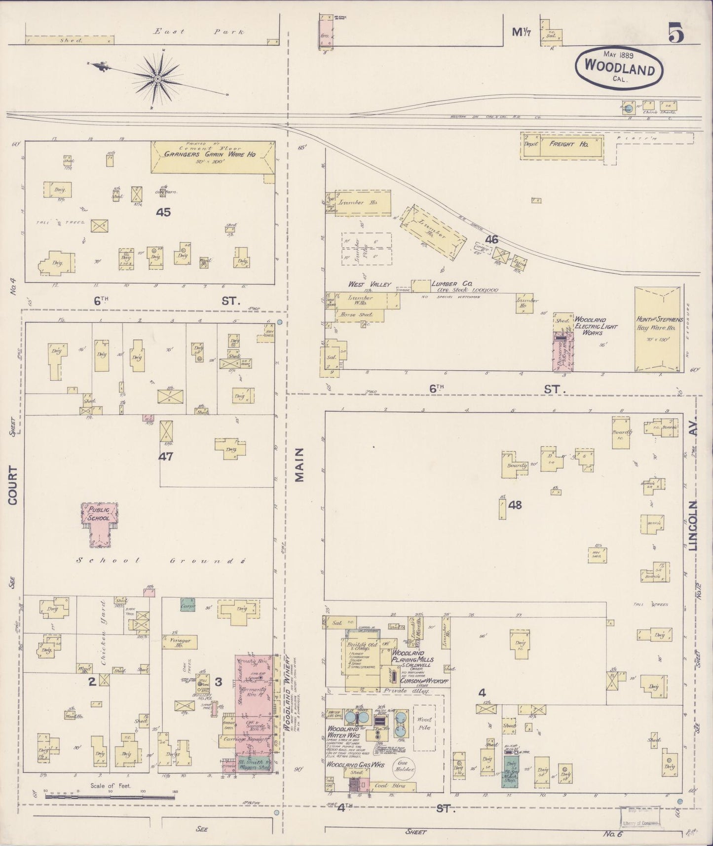 Sanborn Fire Insurance Map from Woodland, Yolo County, California (1889), Sheet #0005 - Complete Map Set gallery image, historic Sanborn map, vintage wall art, California California