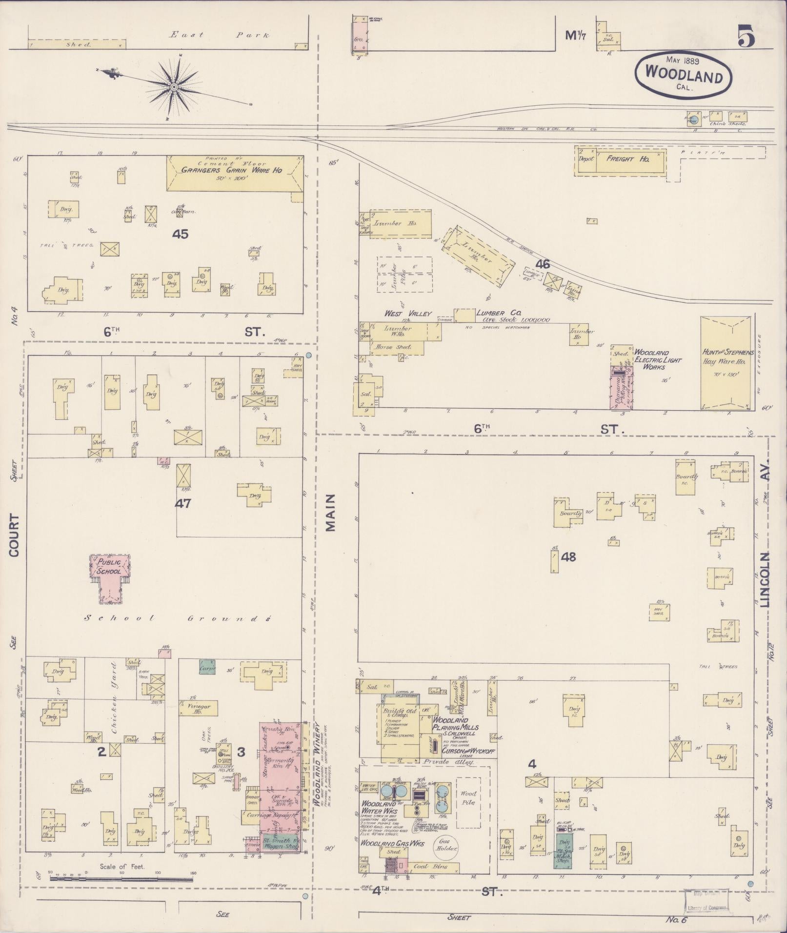 Sanborn Fire Insurance Map from Woodland, Yolo County, California (1889), Sheet #0005 - Complete Map Set gallery image, historic Sanborn map, vintage wall art, California California