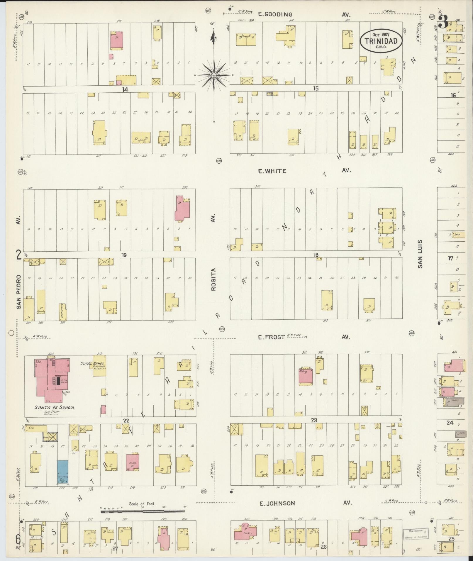 Sanborn Fire Insurance Map from Trinidad, Las Animas County, Colorado (1907), Sheet #0003 - Historic Sanborn Fire Insurance Map Print, vintage old map wall art, antique decor, genealogy gift, Colorado Colorado map