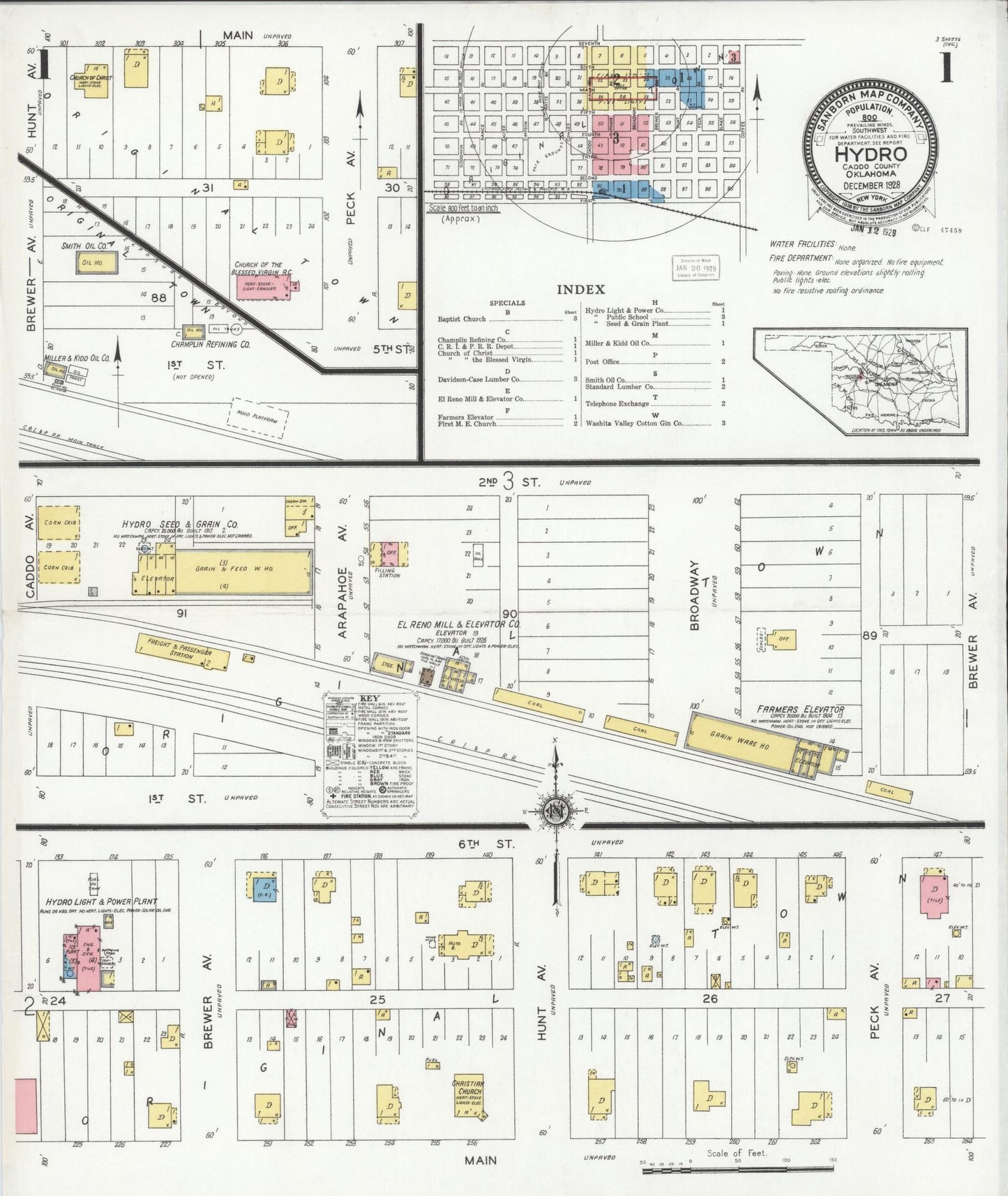 Sanborn Fire Insurance Map from Hydro, Caddo County, Oklahoma (1928), Sheet #0001 - Historic Sanborn Fire Insurance Map Print, vintage old map wall art, antique decor, genealogy gift, Oklahoma Oklahoma map