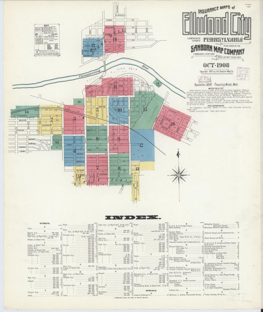 Sanborn Fire Insurance Map from Ellwood City, Lawrence County, Pennsylvania (1908), Sheet #0001 - Historic Sanborn Fire Insurance Map Print, vintage old map wall art, antique decor, genealogy gift, Pennsylvania Pennsylvania map
