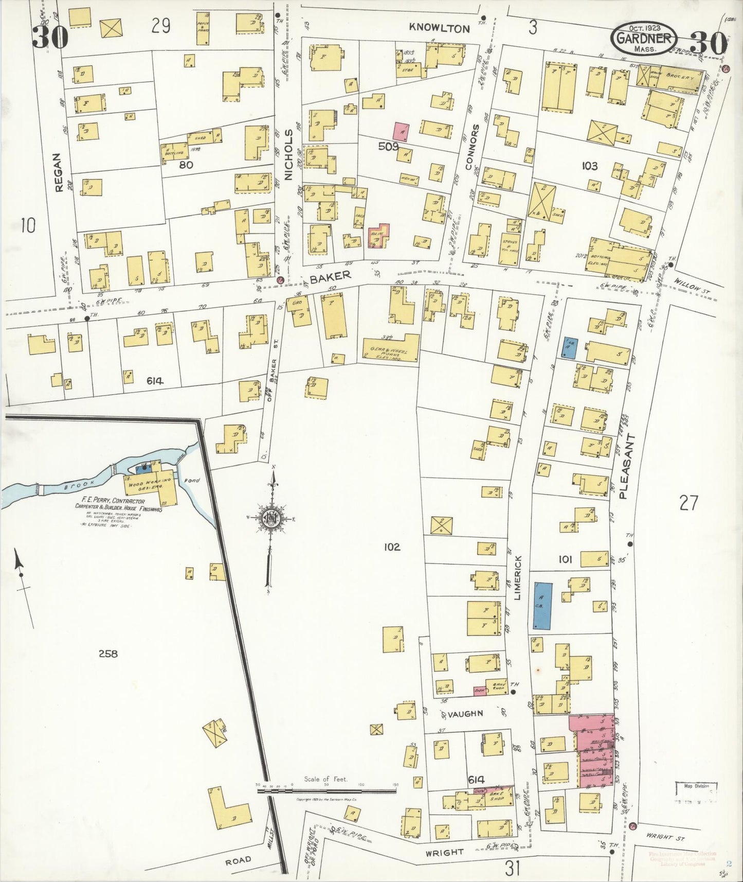 Sanborn Fire Insurance Map from Gardner, Worcester County, Massachusetts (1923), Sheet #0030 - Historic Sanborn Fire Insurance Map Print, vintage old map wall art, antique decor, genealogy gift, Massachusetts Massachusetts map