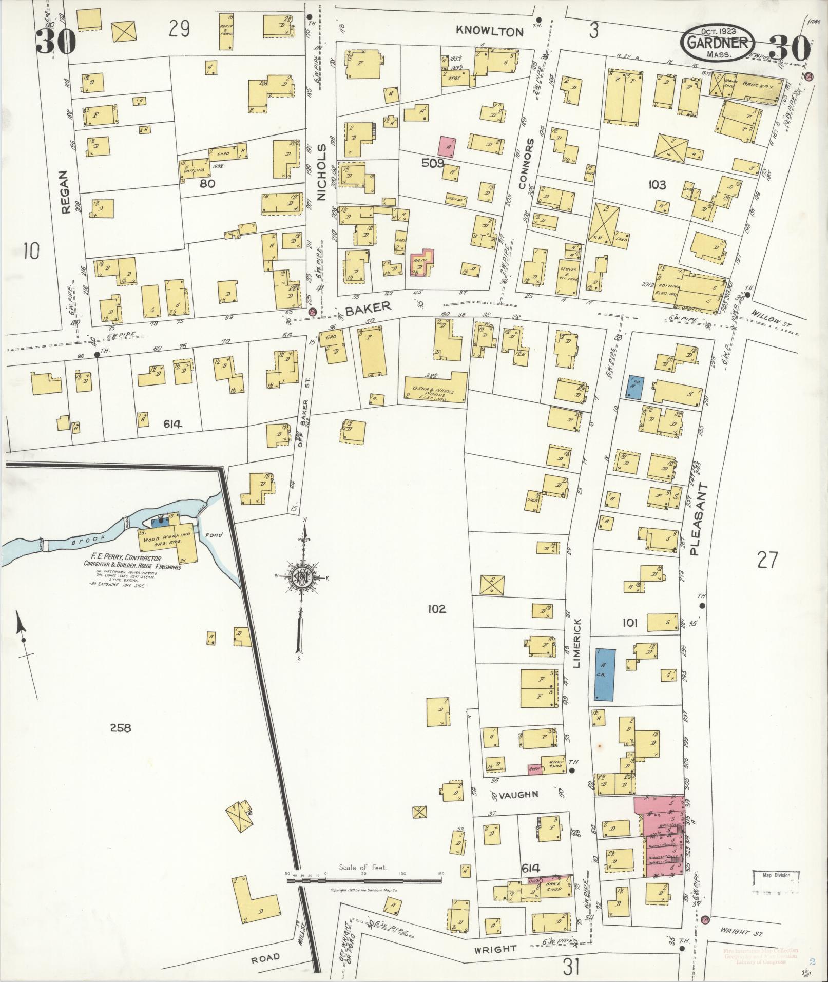 Sanborn Fire Insurance Map from Gardner, Worcester County, Massachusetts (1923), Sheet #0030 - Historic Sanborn Fire Insurance Map Print, vintage old map wall art, antique decor, genealogy gift, Massachusetts Massachusetts map
