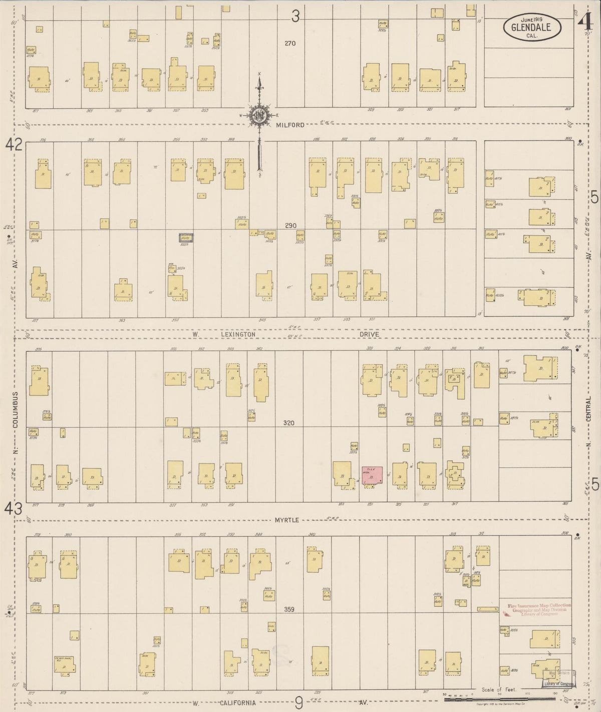 Sanborn Fire Insurance Map from Glendale, Los Angeles County, California (1919), Sheet #0004 - Complete Map Set gallery image, historic Sanborn map, vintage wall art, California California