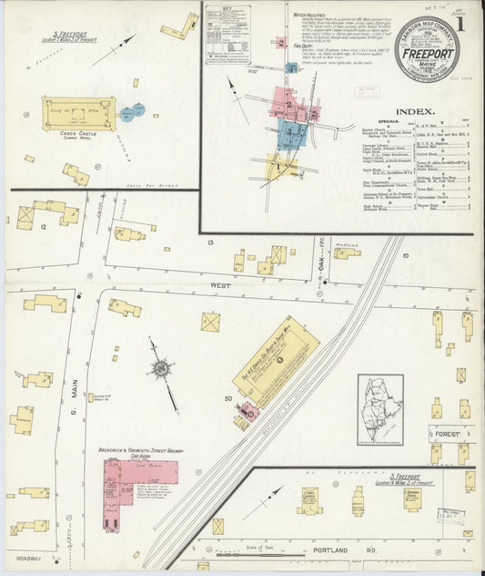 Sanborn Fire Insurance Map from Freeport, Cumberland County, Maine (1912), Sheet #0001 - Historic Sanborn Fire Insurance Map Print, vintage old map wall art, antique decor, genealogy gift, Maine Maine map