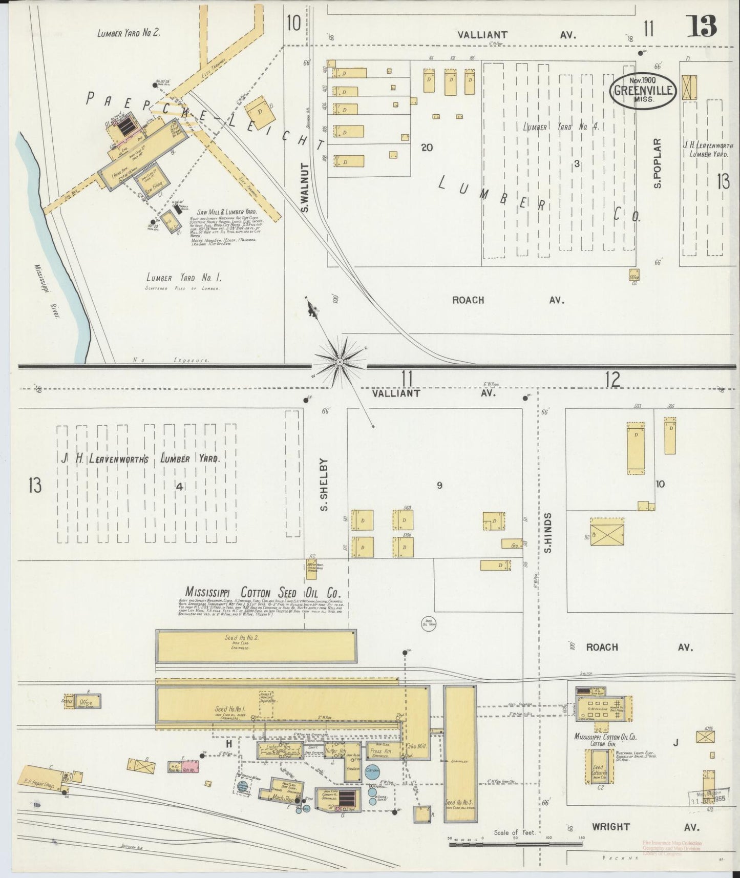 Sanborn Fire Insurance Map from Greenville, Washington County, Mississippi (1900), Sheet #0013 - Complete Map Set gallery image, historic Sanborn map, vintage wall art, Mississippi Mississippi