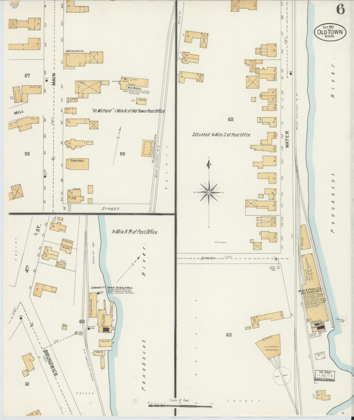 Sanborn Fire Insurance Map from Old Town, Penobscot County, Maine (1901), Sheet #0006 - Historic Sanborn Fire Insurance Map Print, vintage old map wall art, antique decor, genealogy gift, Maine Maine map