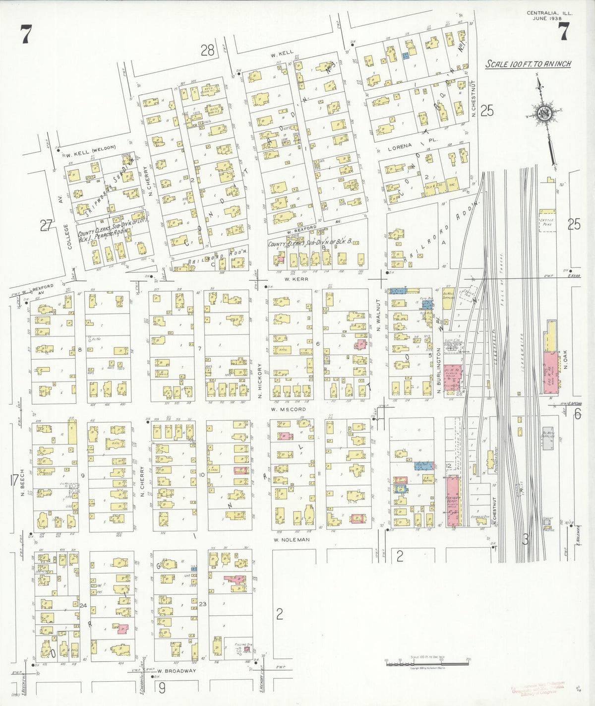 Sanborn Fire Insurance Map from Centralia, Marion, Clinton, Jefferson, and Washington Counties, Illinois (1938), Sheet #0007 - Historic Sanborn Fire Insurance Map Print, vintage old map wall art, antique decor, genealogy gift, Illinois Illinois map