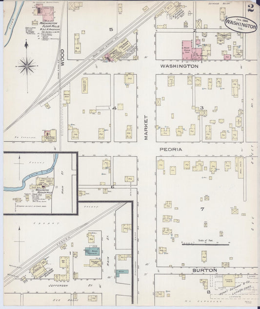 Sanborn Fire Insurance Map from Washington, Tazewell County, Illinois (1886), Sheet #0002 - Historic Sanborn Fire Insurance Map Print, vintage old map wall art, antique decor, genealogy gift, Illinois Illinois map