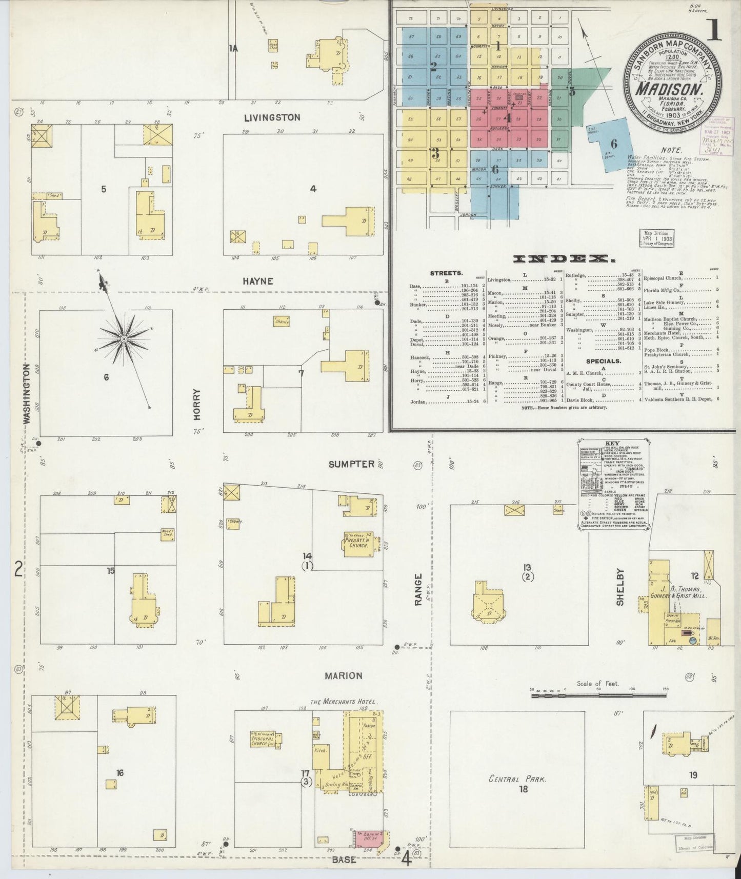 Sanborn Fire Insurance Map from Madison, Madison County, Florida (1903), Sheet #0001 - Historic Sanborn Fire Insurance Map Print, vintage old map wall art, antique decor, genealogy gift, Florida Florida map