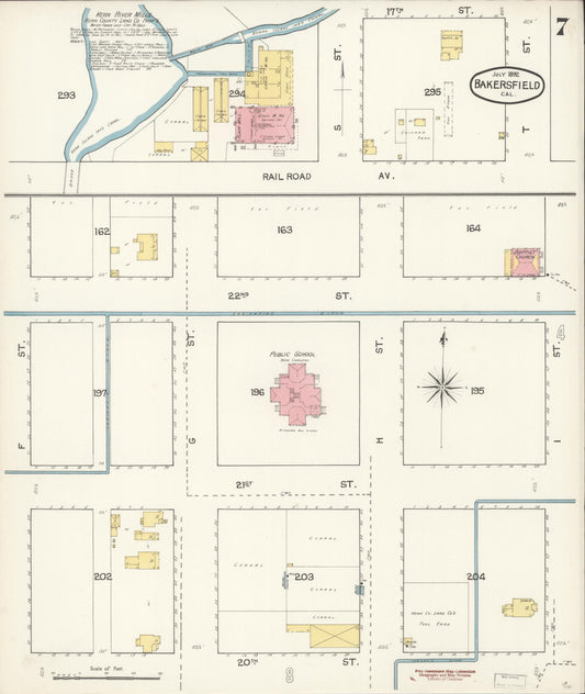 Sanborn Fire Insurance Map from Bakersfield, Kern County, California (1892), Sheet #0007 - Historic Sanborn Fire Insurance Map Print, vintage old map wall art, antique decor, genealogy gift, California California map