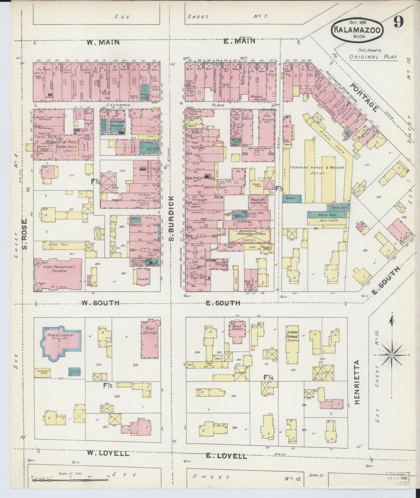 Sanborn Fire Insurance Map from Kalamazoo, Kalamazoo County, Michigan (1891), Sheet #0009 - Complete Map Set gallery image, historic Sanborn map, vintage wall art, Michigan Michigan
