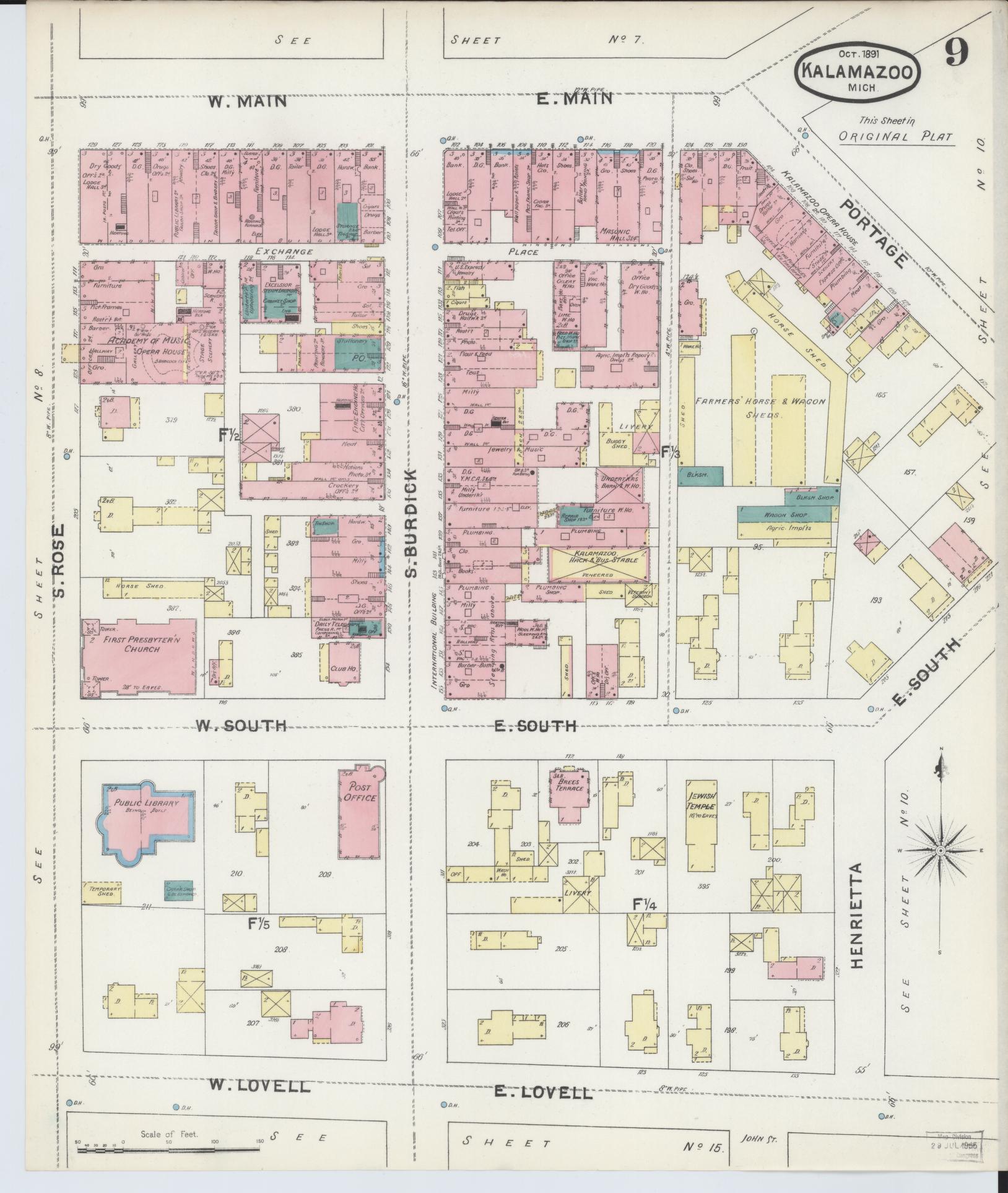 Sanborn Fire Insurance Map from Kalamazoo, Kalamazoo County, Michigan (1891), Sheet #0009 - Complete Map Set gallery image, historic Sanborn map, vintage wall art, Michigan Michigan