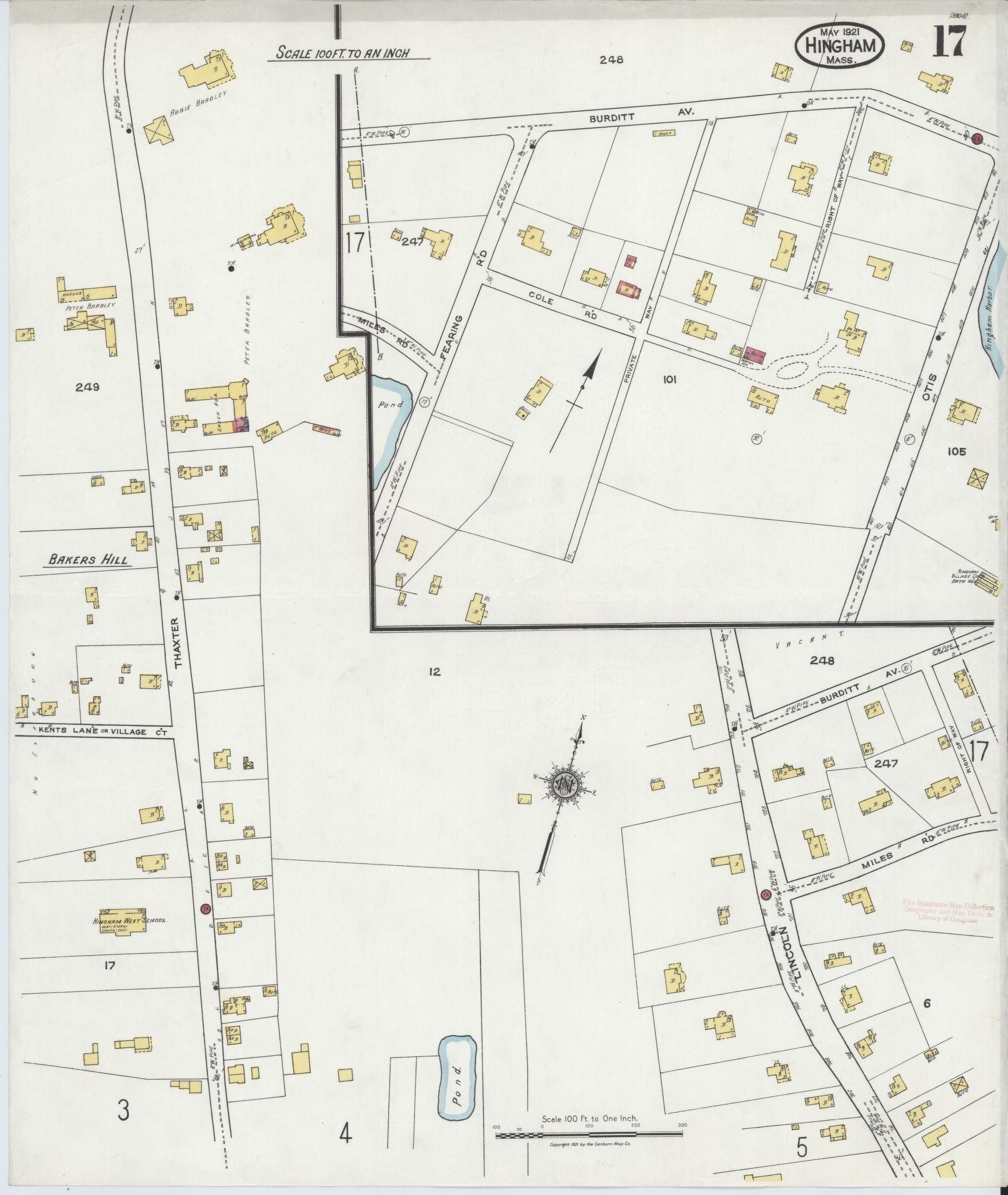 Sanborn Fire Insurance Map from Hingham, Plymouth County, Massachusetts (1921), Sheet #0017 - Historic Sanborn Fire Insurance Map Print, vintage old map wall art, antique decor, genealogy gift, Massachusetts Massachusetts map