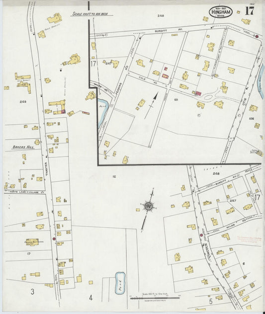 Sanborn Fire Insurance Map from Hingham, Plymouth County, Massachusetts (1921), Sheet #0017 - Historic Sanborn Fire Insurance Map Print, vintage old map wall art, antique decor, genealogy gift, Massachusetts Massachusetts map