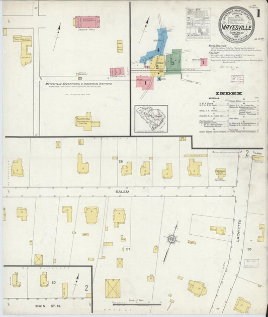 Sanborn Fire Insurance Map from Mayesville, Sumter County, South Carolina (1915), Sheet #0001 - Historic Sanborn Fire Insurance Map Print, vintage old map wall art, antique decor, genealogy gift, South Carolina South Carolina map