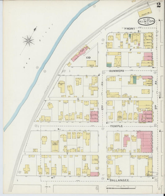 Sanborn Fire Insurance Map from Hinton, Summer County, West Virginia (1893), Sheet #0002 - Historic Sanborn Fire Insurance Map Print, vintage old map wall art, antique decor, genealogy gift, West Virginia West Virginia map