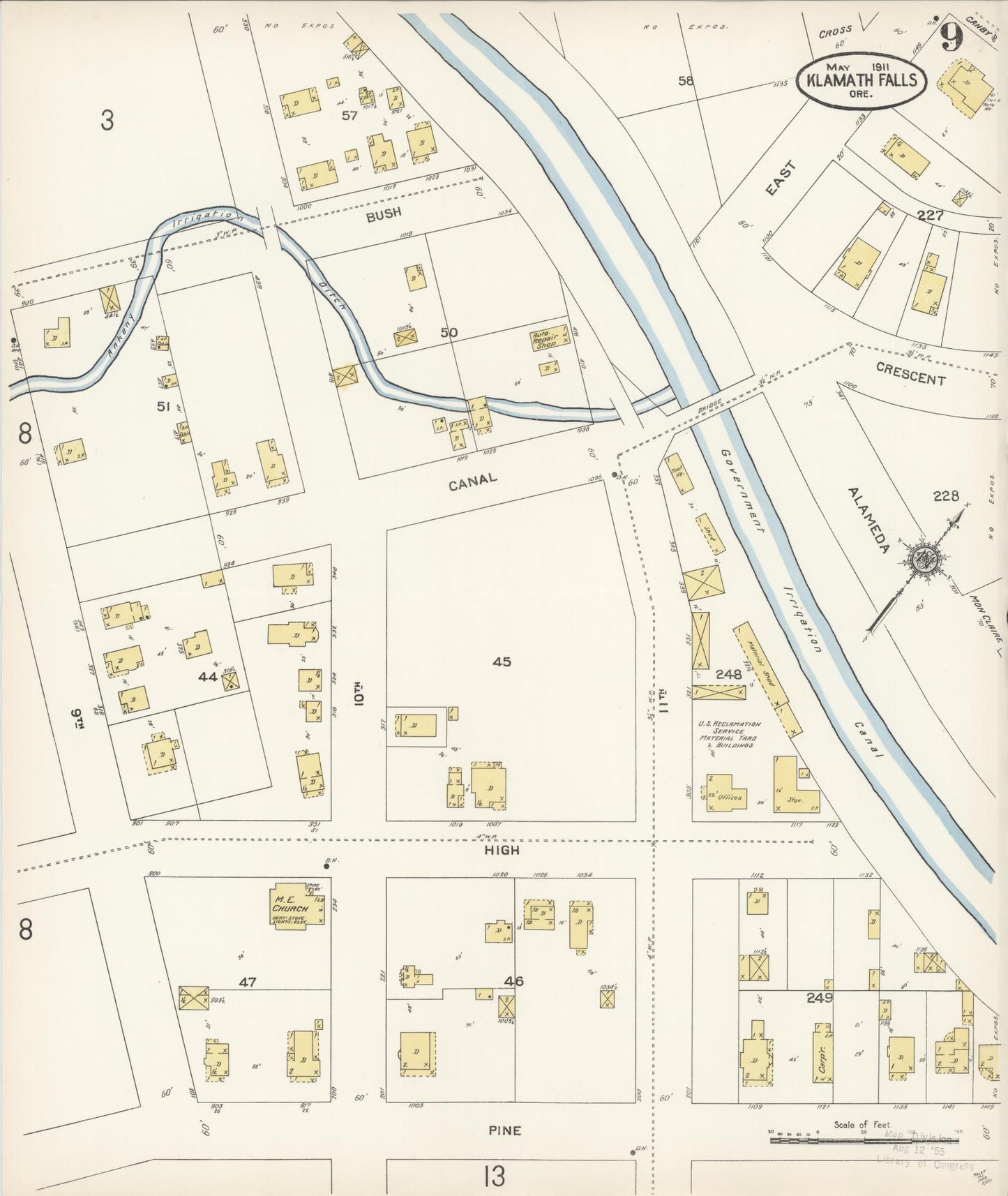 Sanborn Fire Insurance Map from Klamath Falls, Klamath County, Oregon (1911), Sheet #0009 - Historic Sanborn Fire Insurance Map Print, vintage old map wall art, antique decor, genealogy gift, Oregon Oregon map