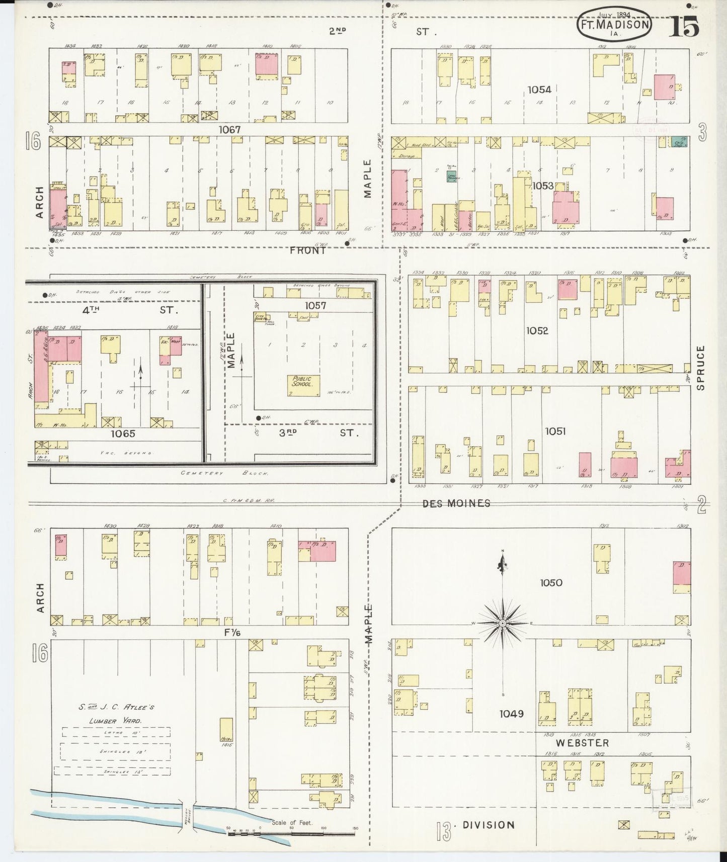 Sanborn Fire Insurance Map from Fort Madison, Lee County, Iowa (1894), Sheet #0015 - Historic Sanborn Fire Insurance Map Print, vintage old map wall art