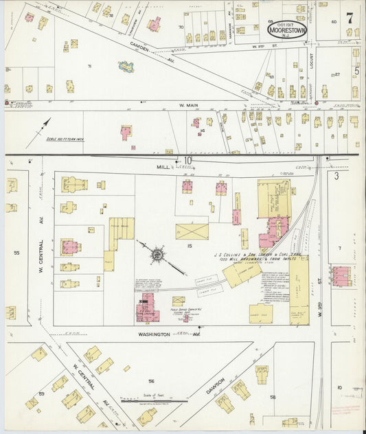 Sanborn Fire Insurance Map from Moorestown, Burlington County, New Jersey (1917), Sheet #0007 - Historic Sanborn Fire Insurance Map Print, vintage old map wall art, antique decor, genealogy gift, New Jersey New Jersey map