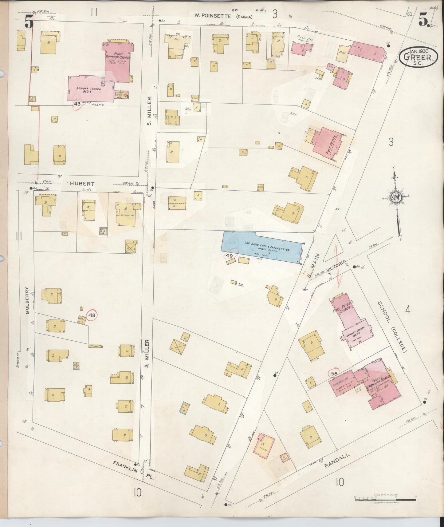 Sanborn Fire Insurance Map from Greer, Greenville and Spartanburg Counties, South Carolina (1951), Sheet #0005 - Complete Map Set gallery image, historic Sanborn map, vintage wall art, South Carolina South Carolina