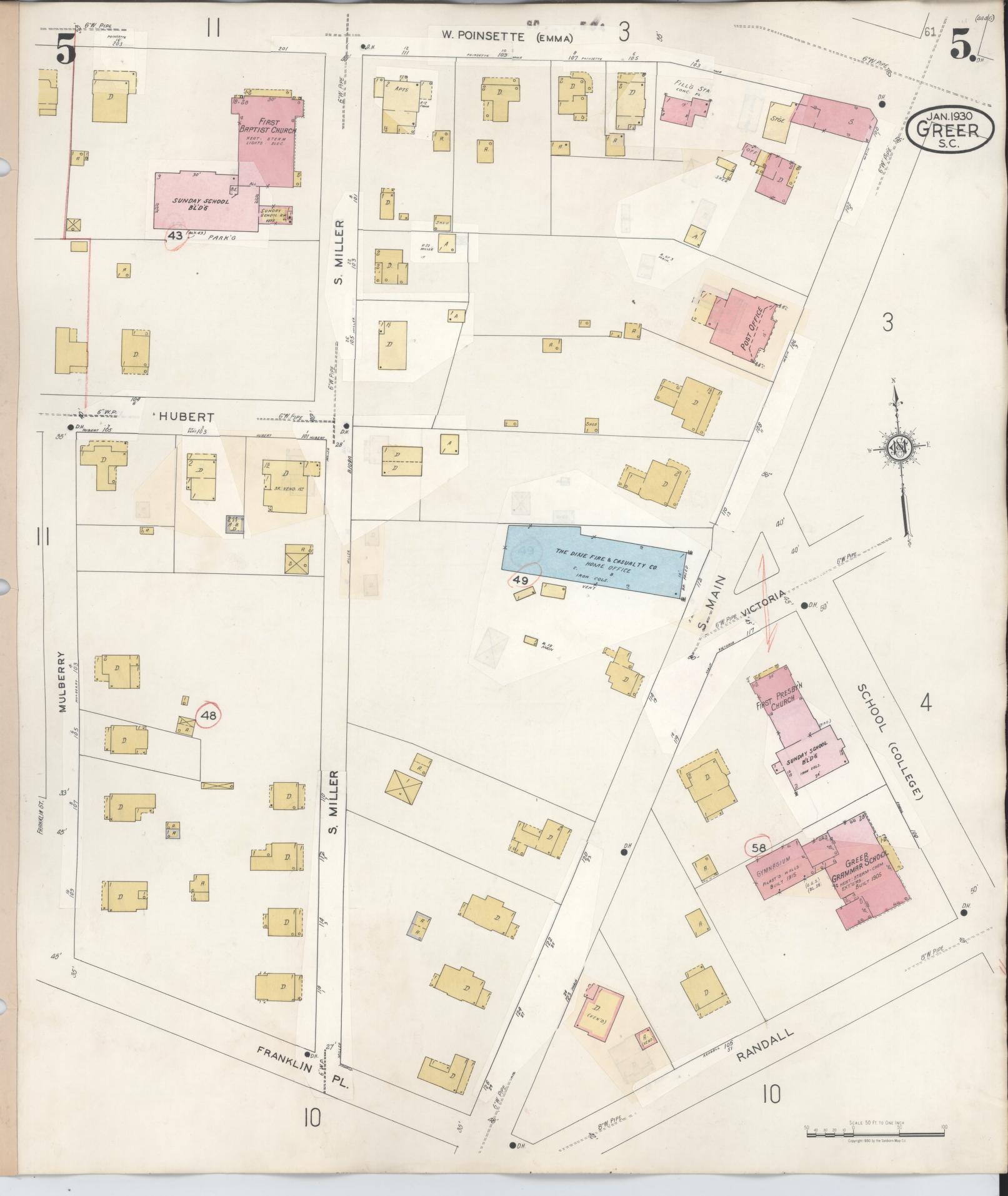 Sanborn Fire Insurance Map from Greer, Greenville and Spartanburg Counties, South Carolina (1951), Sheet #0005 - Complete Map Set gallery image, historic Sanborn map, vintage wall art, South Carolina South Carolina