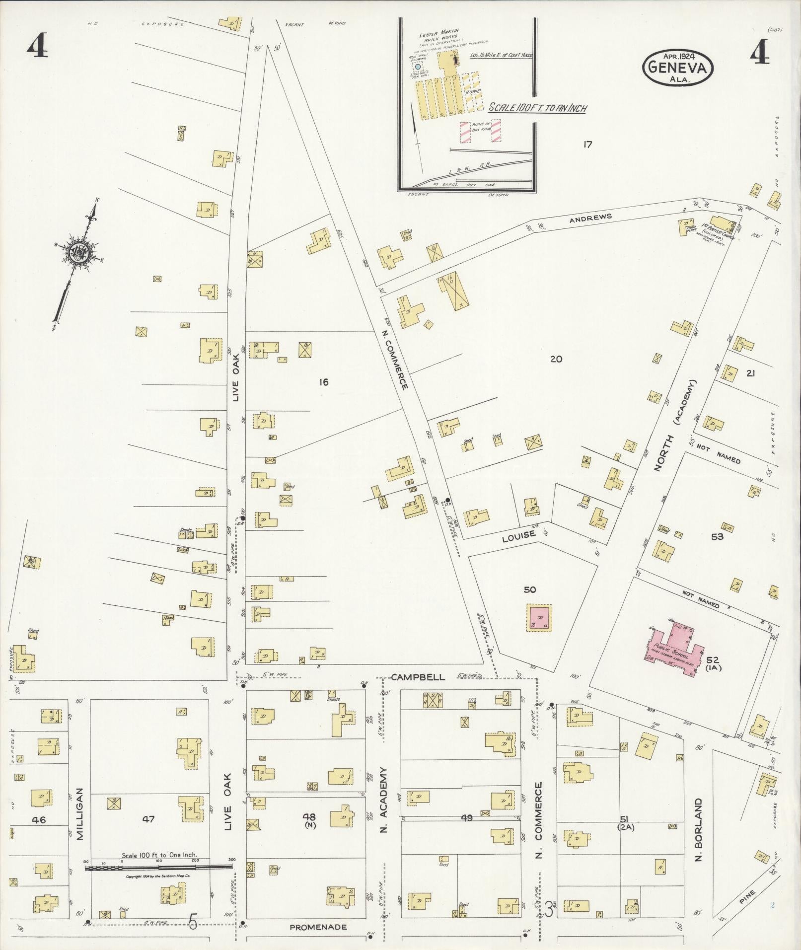 Sanborn Fire Insurance Map from Geneva, Geneva County, Alabama (1924), Sheet #0004 - Historic Sanborn Fire Insurance Map Print, vintage old map wall art, antique decor, genealogy gift, Alabama Alabama map