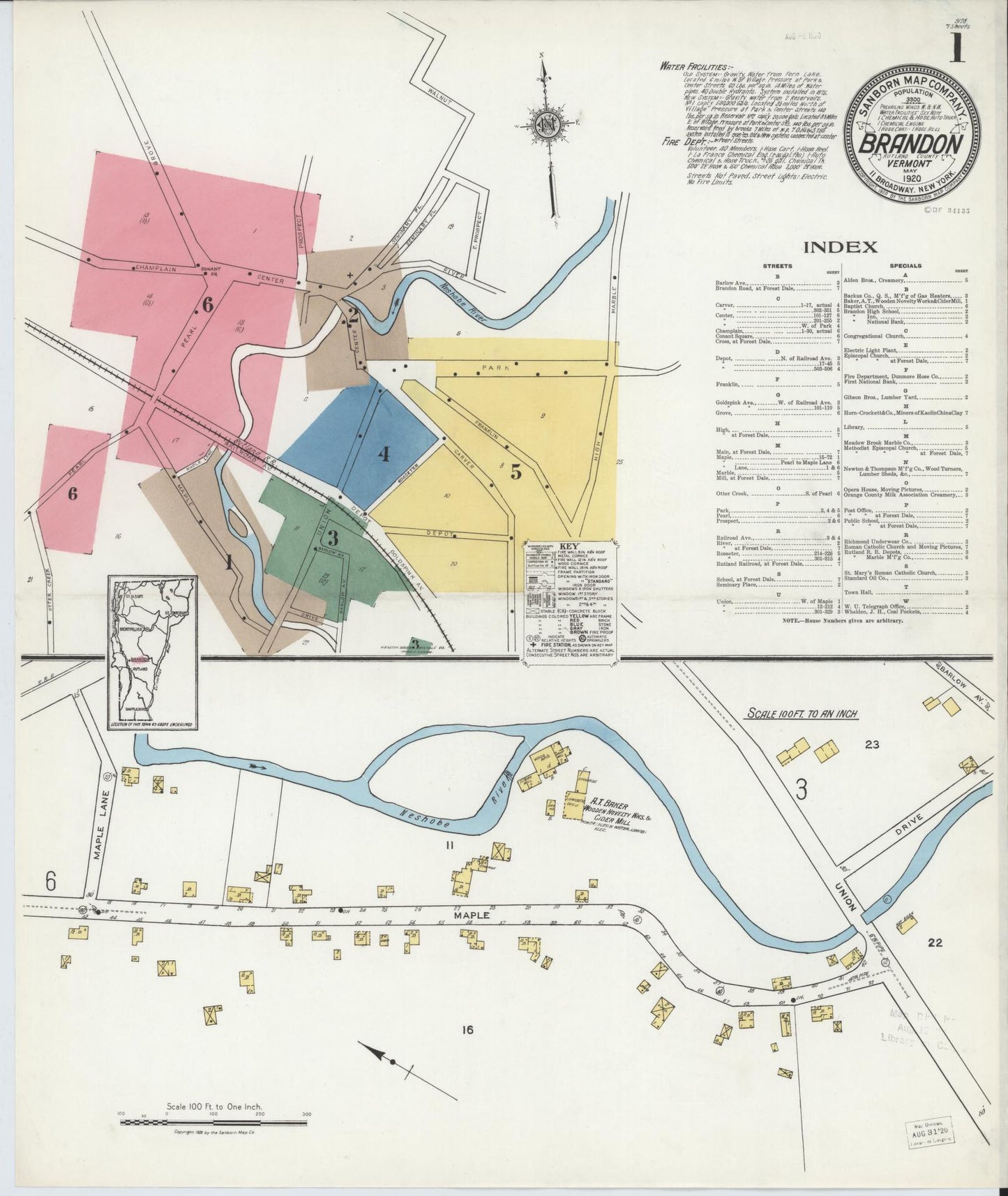 Sanborn Fire Insurance Map from Brandon, Rutland County, Vermont (1920), Sheet #0001 - Historic Sanborn Fire Insurance Map Print, vintage old map wall art, antique decor, genealogy gift, Vermont Vermont map