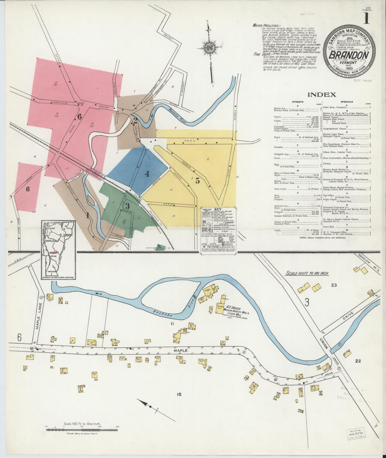 Sanborn Fire Insurance Map from Brandon, Rutland County, Vermont (1920), Sheet #0001 - Historic Sanborn Fire Insurance Map Print, vintage old map wall art, antique decor, genealogy gift, Vermont Vermont map