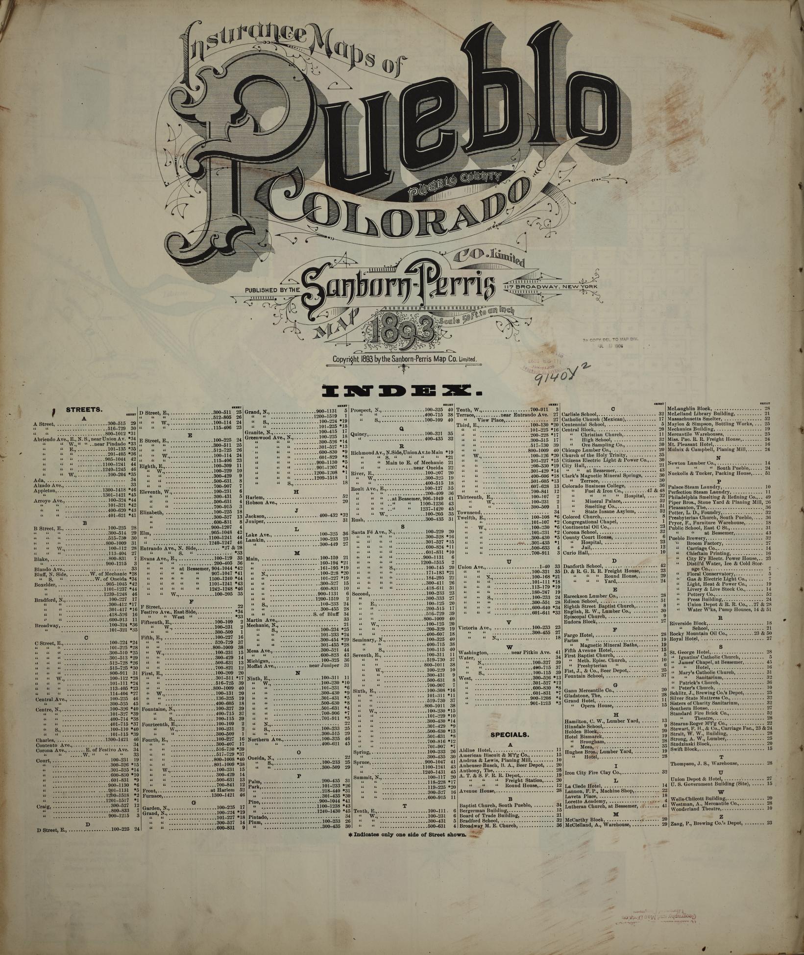 Sanborn Fire Insurance Map from Pueblo, Pueblo County, Colorado (1893), Sheet #0001 - Historic Sanborn Fire Insurance Map Print, vintage old map wall art, antique decor, genealogy gift, Colorado Colorado map