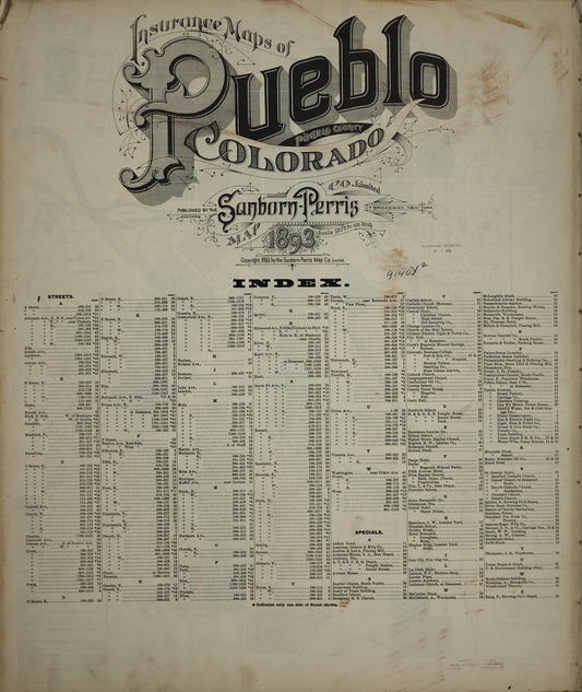 Sanborn Fire Insurance Map from Pueblo, Pueblo County, Colorado (1893), Sheet #0001 - Historic Sanborn Fire Insurance Map Print, vintage old map wall art, antique decor, genealogy gift, Colorado Colorado map